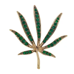 Retro Vintage Gold and Green Crystal Leaf Brooch Pin Chic Plant Jewelry