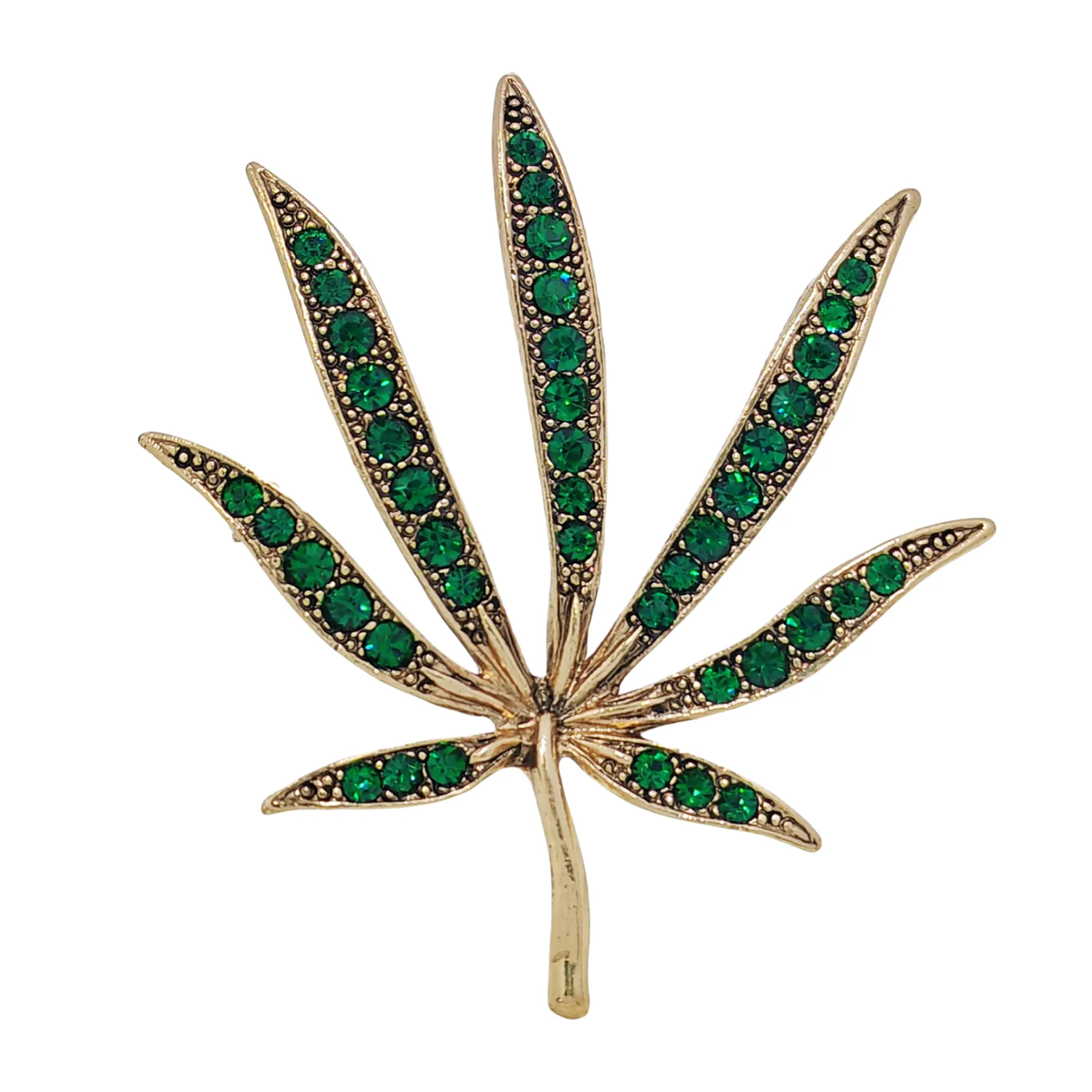 Retro Vintage Gold and Green Crystal Leaf Brooch Pin Chic Plant Jewelry
