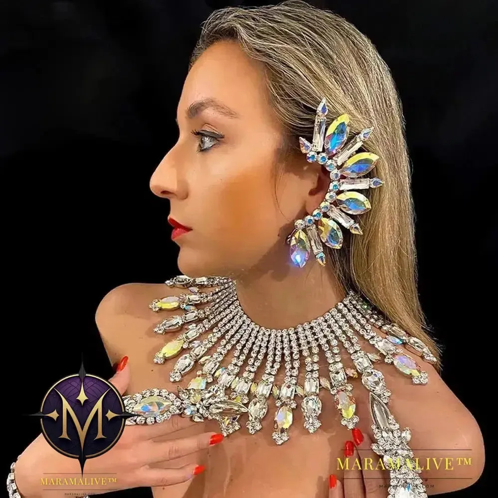Rhinestone Exaggerate Ear Clip Earrings No Piercing for Women Large AB Color Crystal Statement Cuff Earrings Jewelry