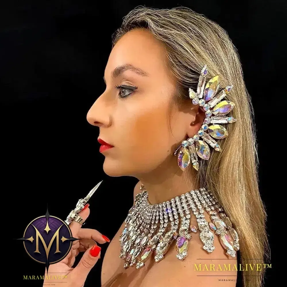 Rhinestone Exaggerate Ear Clip Earrings No Piercing for Women Large AB Color Crystal Statement Cuff Earrings Jewelry