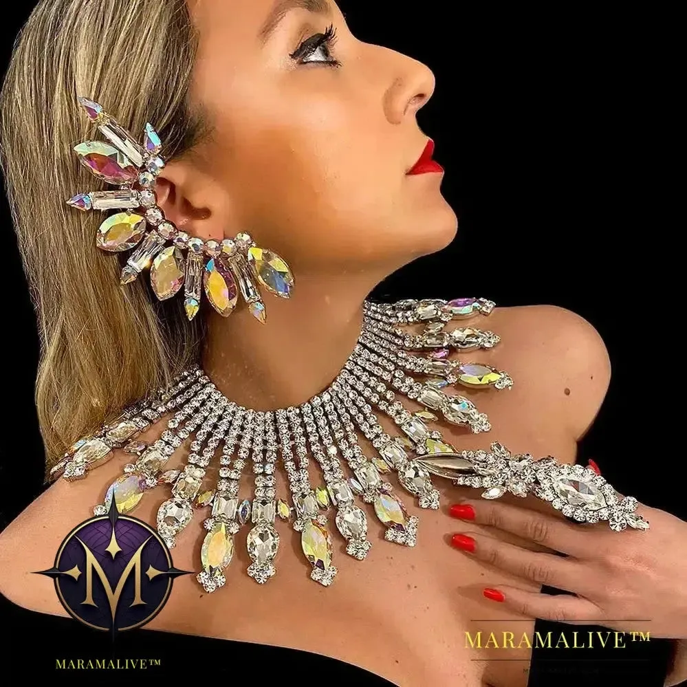 Rhinestone Exaggerate Ear Clip Earrings No Piercing for Women Large AB Color Crystal Statement Cuff Earrings Jewelry