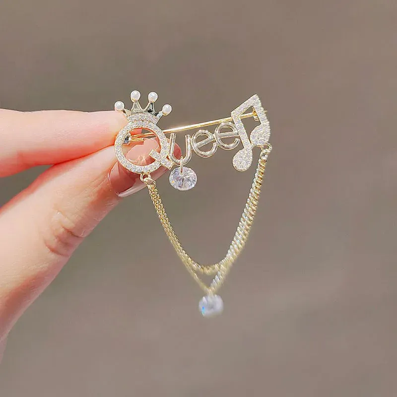 Rhinestone Queen Brooches For Women Crown Letters Party Office Brooch Pins
