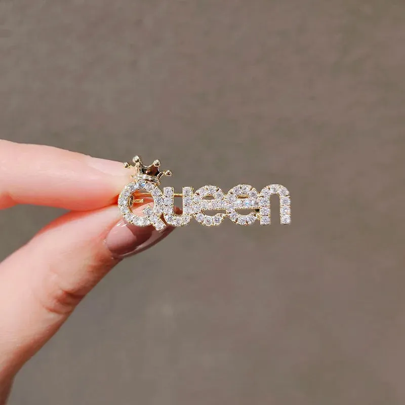 Rhinestone Queen Brooches For Women Crown Letters Party Office Brooch Pins