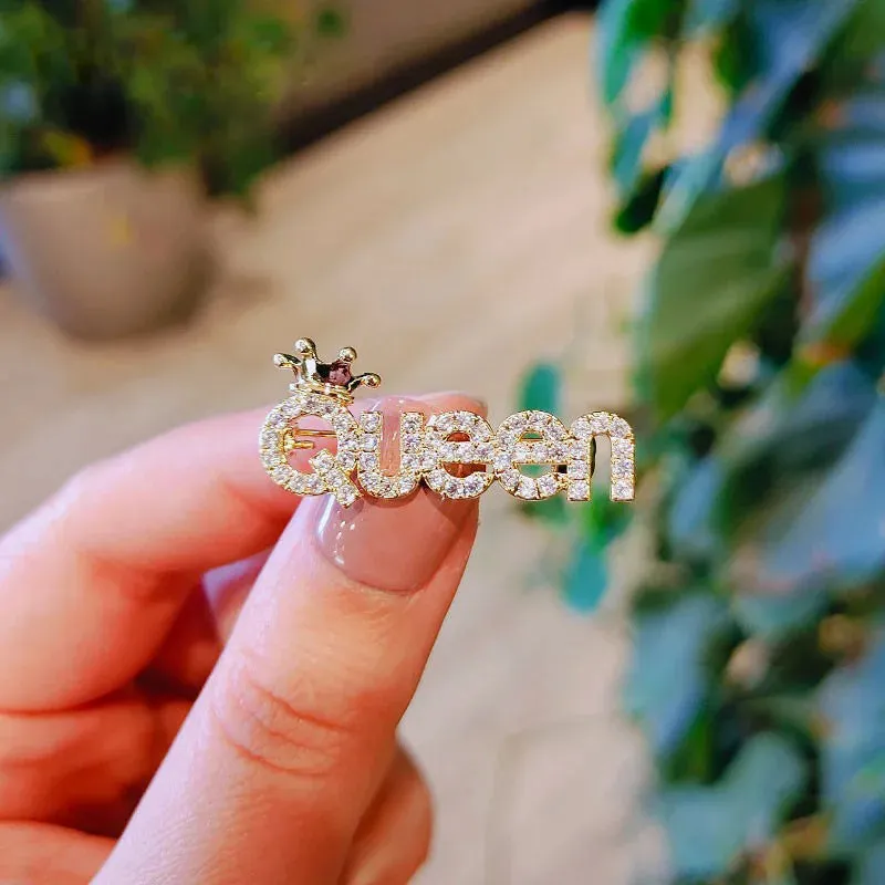Rhinestone Queen Brooches For Women Crown Letters Party Office Brooch Pins