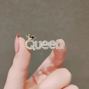Rhinestone Queen Brooches For Women Crown Letters Party Office Brooch Pins