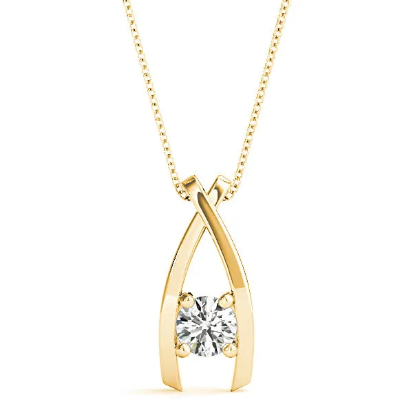 Ribbon Four Prong Round Diamond Solitaire Necklace Pendant