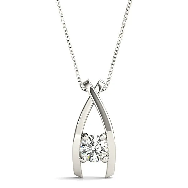 Ribbon Four Prong Round Diamond Solitaire Necklace Pendant