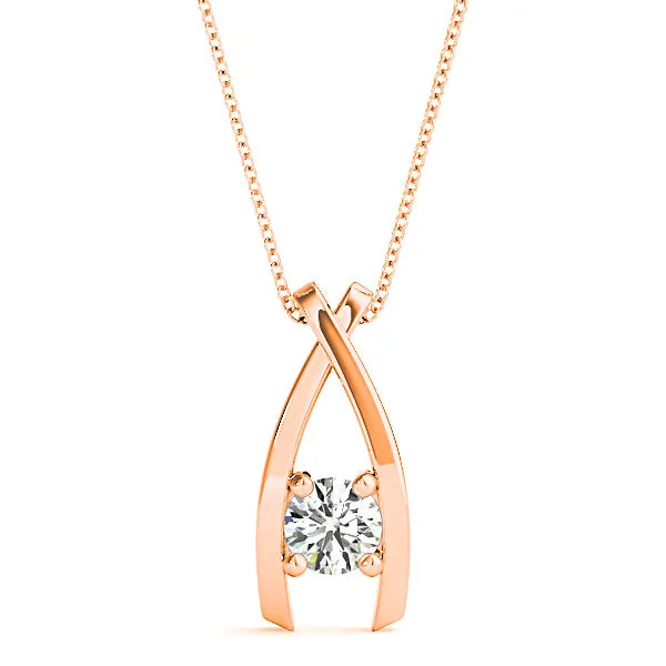 Ribbon Four Prong Round Diamond Solitaire Necklace Pendant