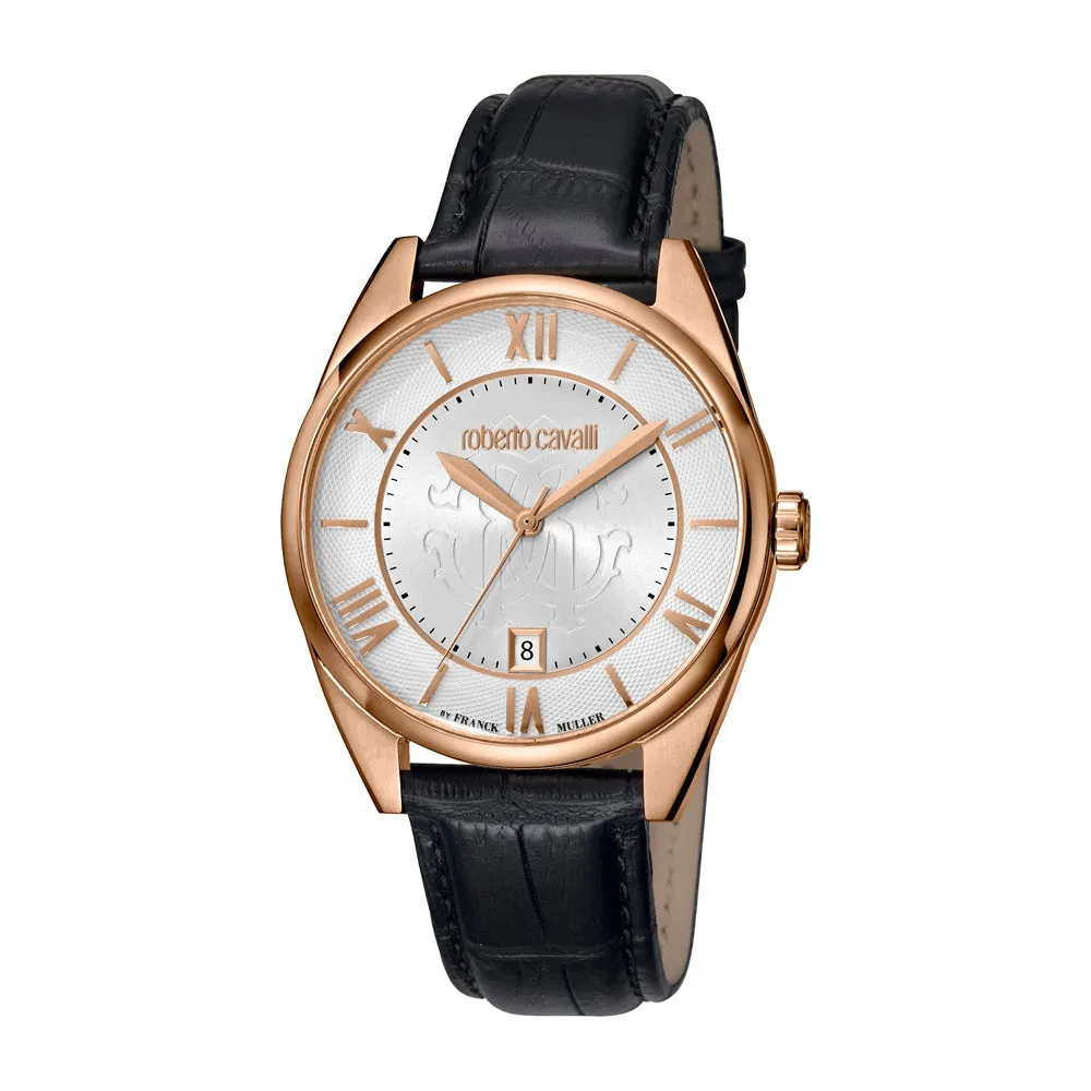 Roberto Cavalli Men's Watch With White Dial & Black Leather Strap