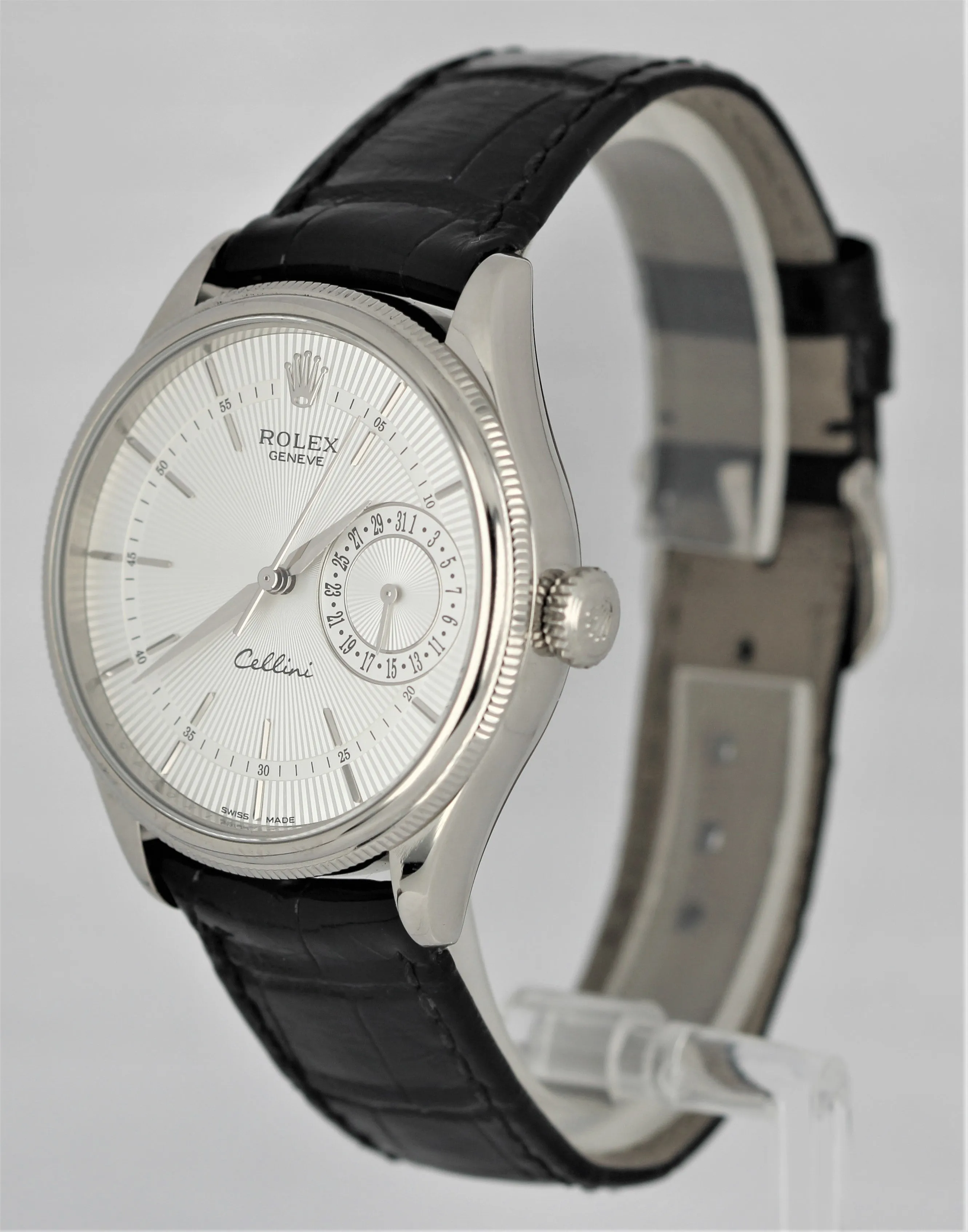 Rolex Cellini 18k White Gold Black Leather Silver Dial 39mm 50519 Watch