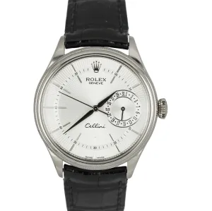 Rolex Cellini 18k White Gold Black Leather Silver Dial 39mm 50519 Watch
