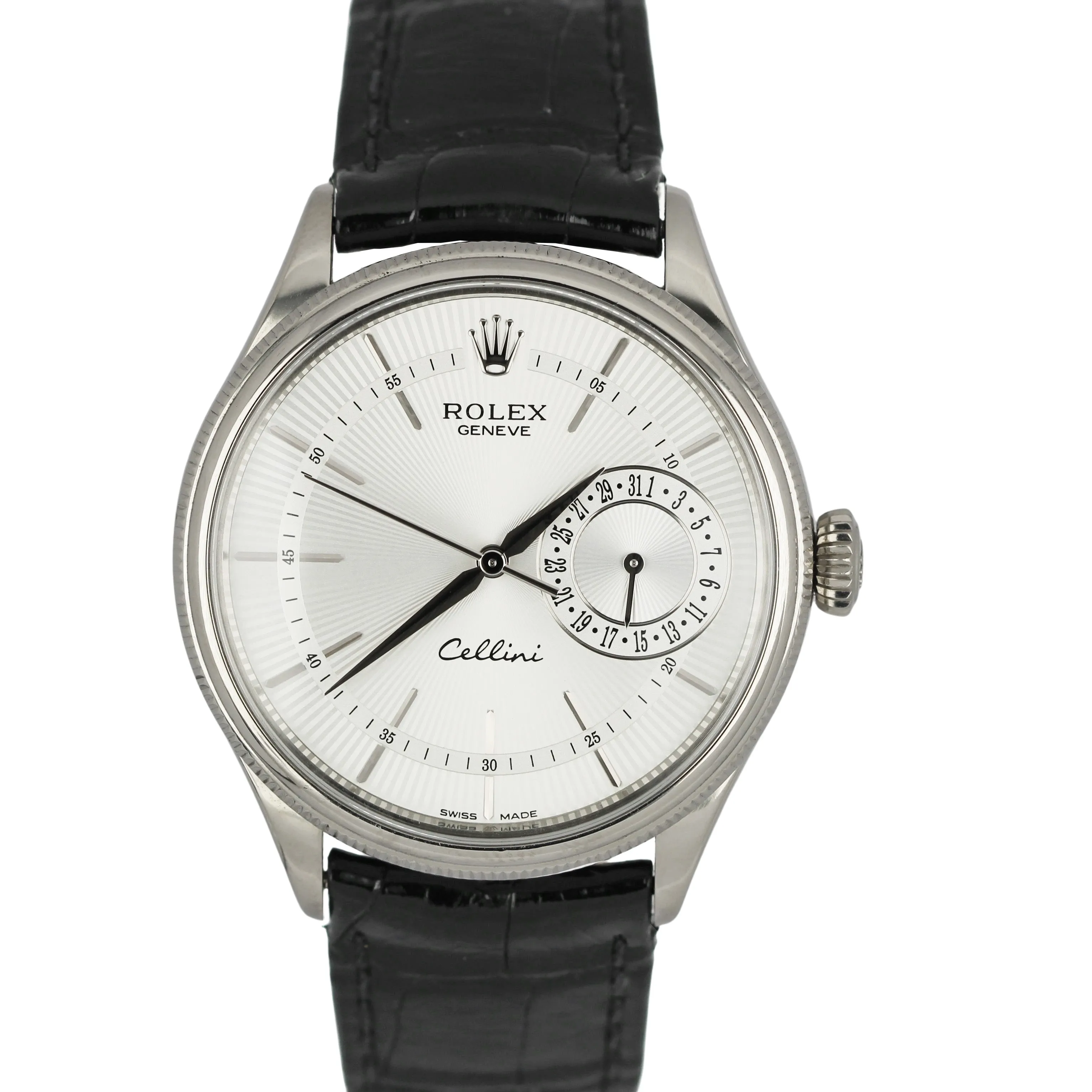 Rolex Cellini 18k White Gold Black Leather Silver Dial 39mm 50519 Watch
