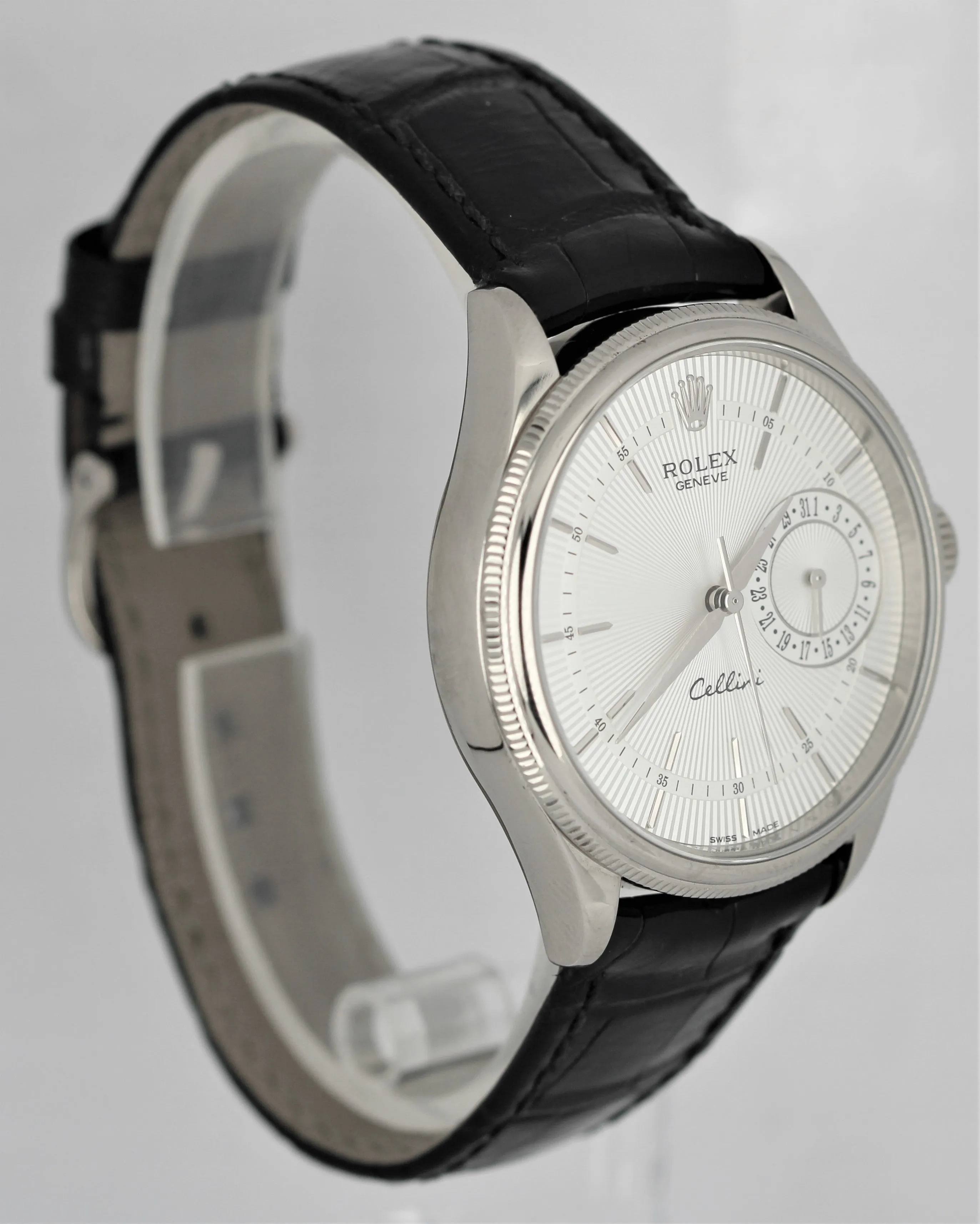 Rolex Cellini 18k White Gold Black Leather Silver Dial 39mm 50519 Watch