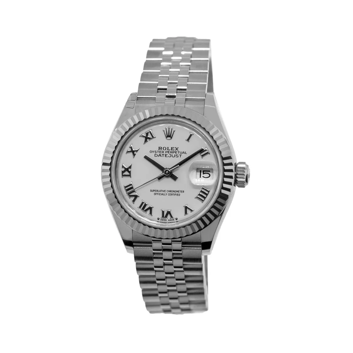 Rolex Datejust 28mm White Gold Steel White Roman Dial Fluted Bezel 279174