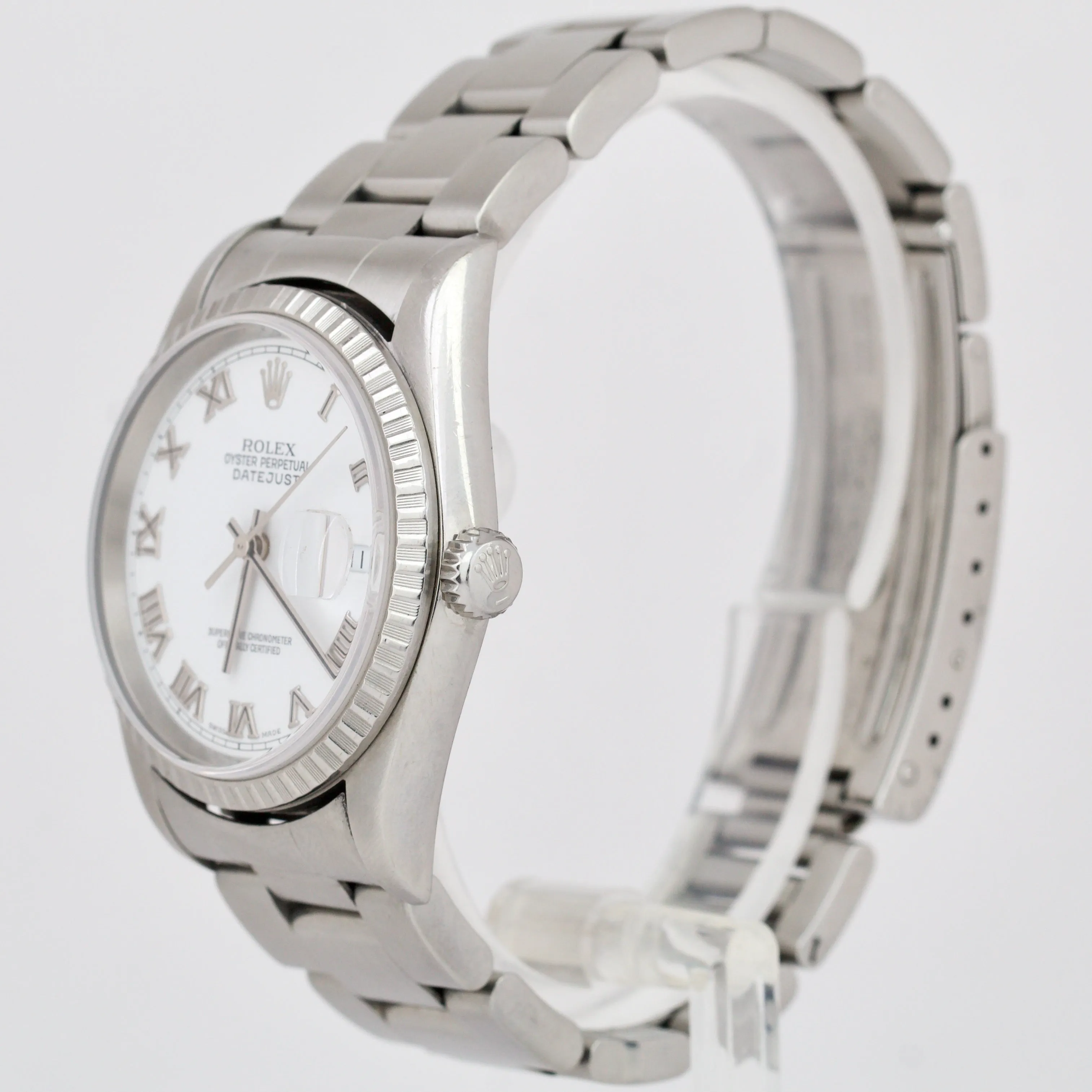 Rolex DateJust 36mm White Roman NO HOLES Engine Turned Stainless Watch 16220