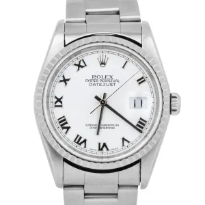 Rolex DateJust 36mm White Roman NO HOLES Engine Turned Stainless Watch 16220