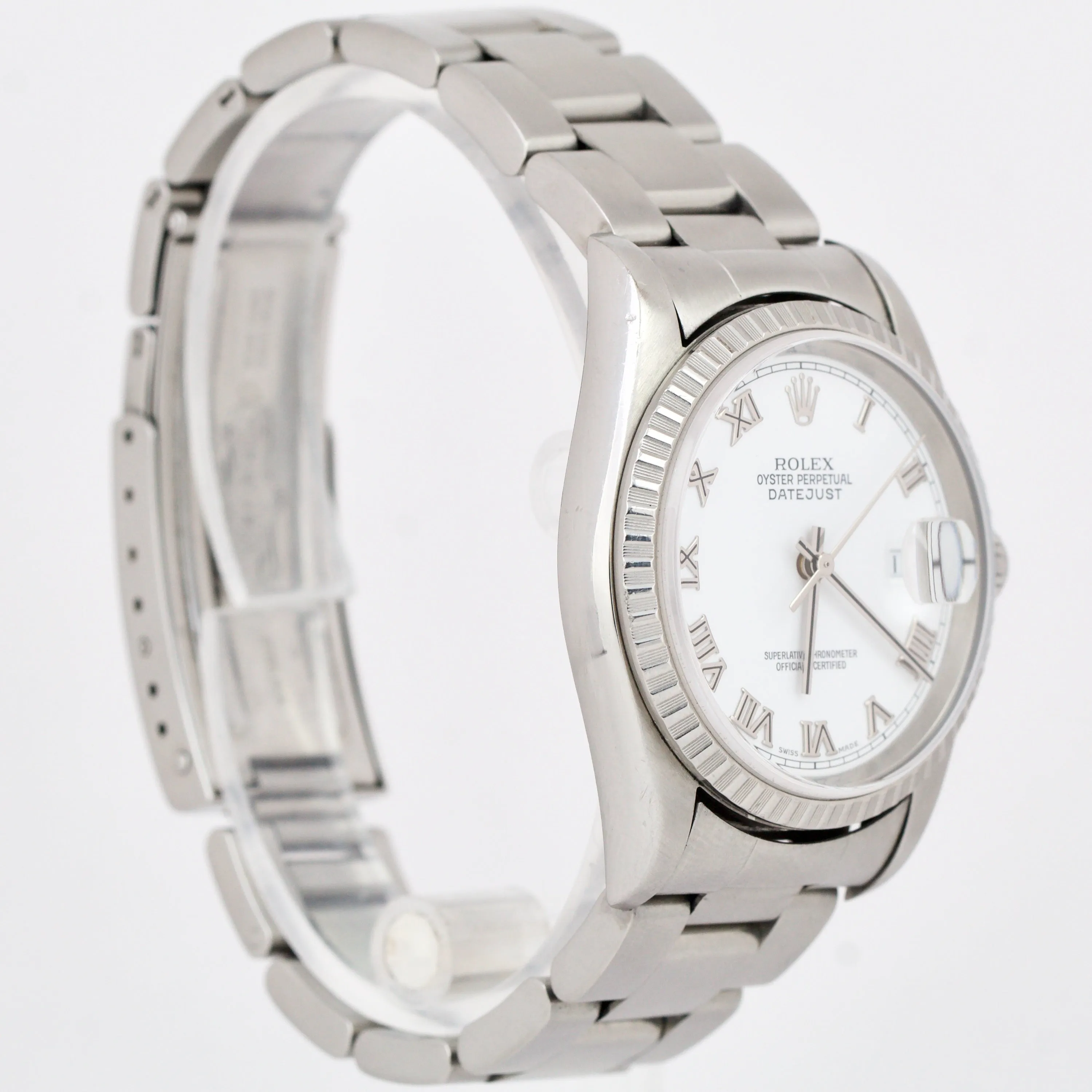 Rolex DateJust 36mm White Roman NO HOLES Engine Turned Stainless Watch 16220