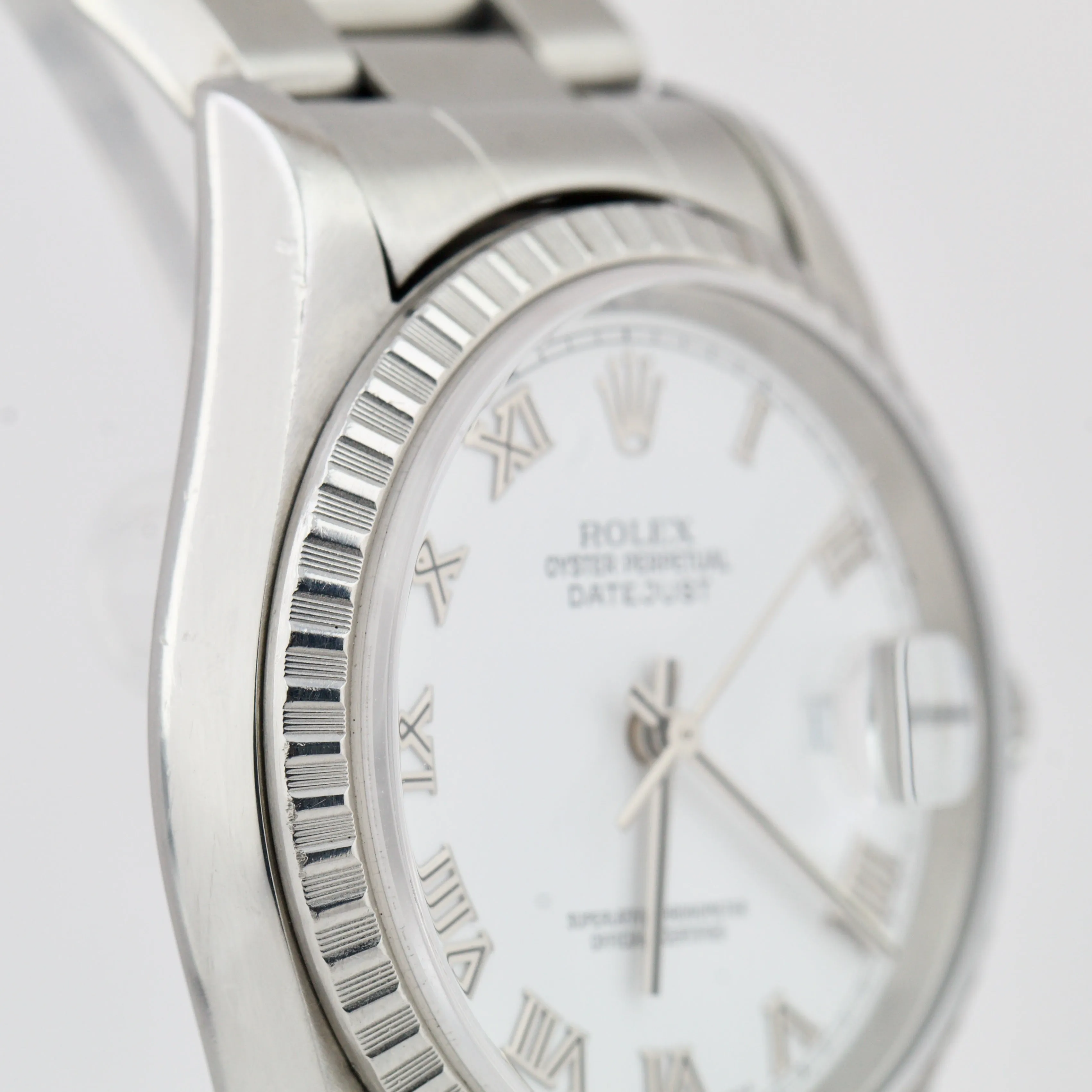 Rolex DateJust 36mm White Roman NO HOLES Engine Turned Stainless Watch 16220