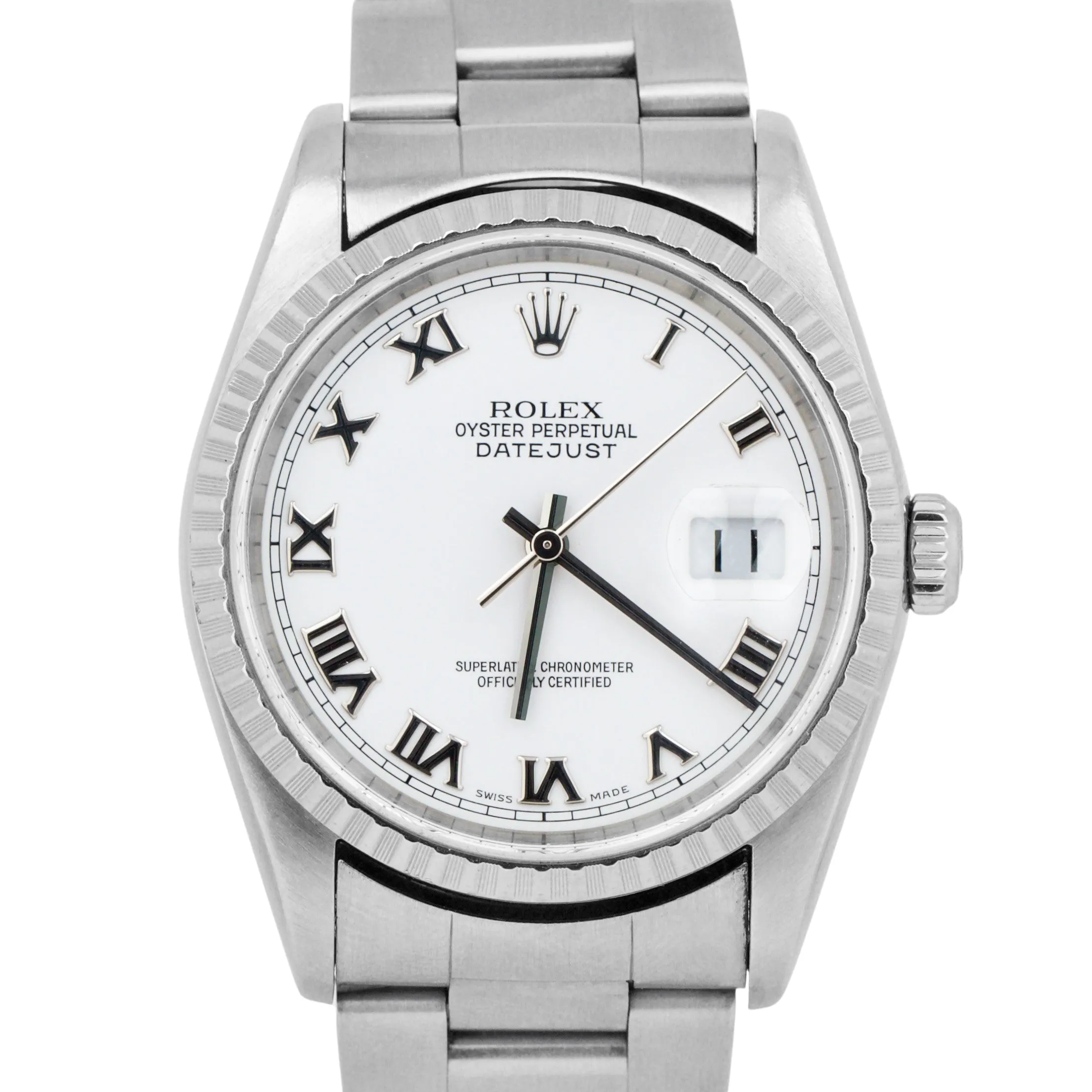 Rolex DateJust 36mm White Roman NO HOLES Engine Turned Stainless Watch 16220