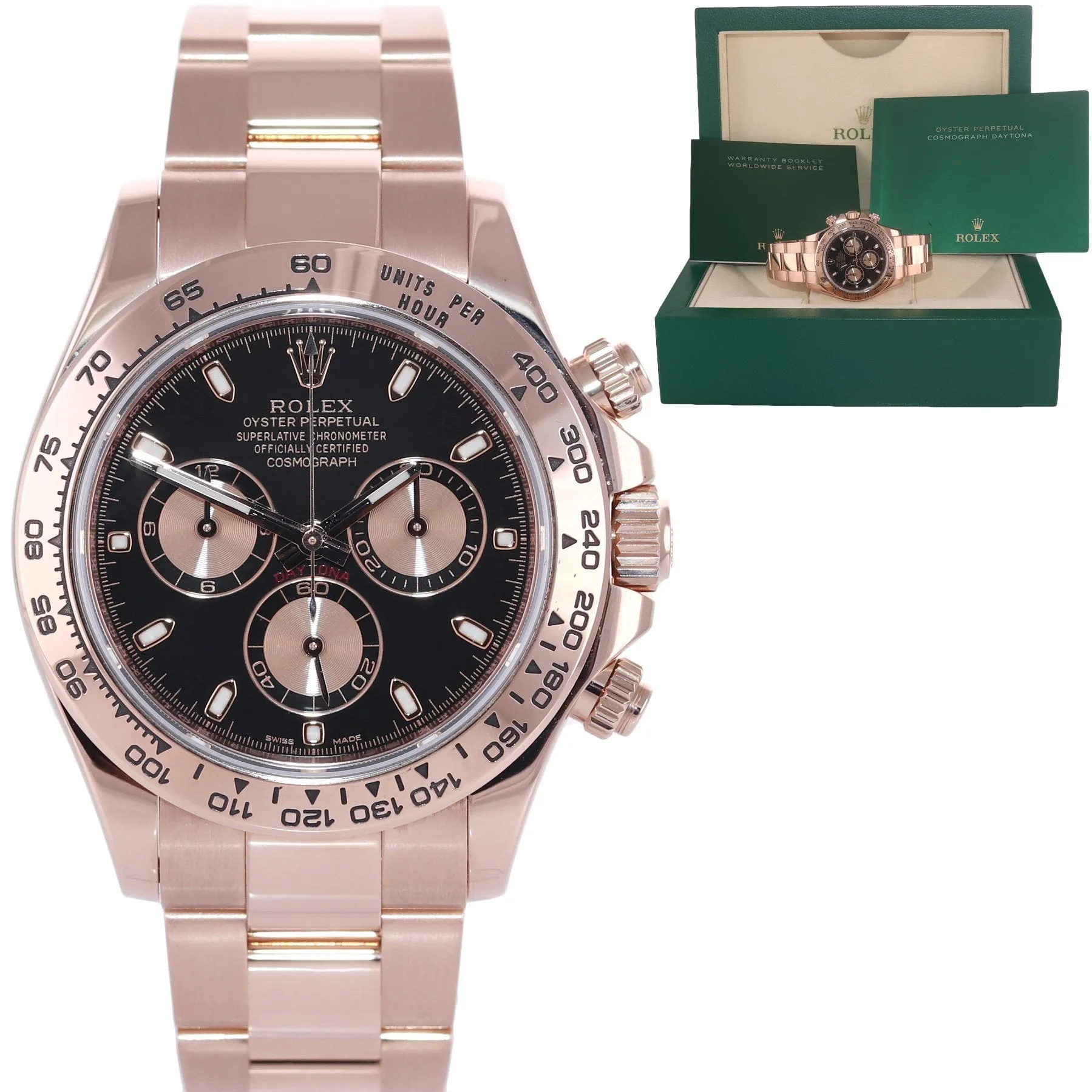 Rolex Daytona 18k Rose Gold 116505 18k Black Dial Chrono Watch Box