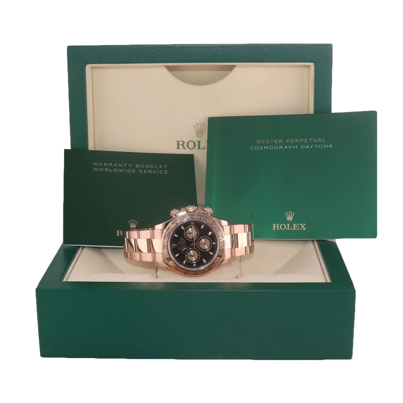 Rolex Daytona 18k Rose Gold 116505 18k Black Dial Chrono Watch Box