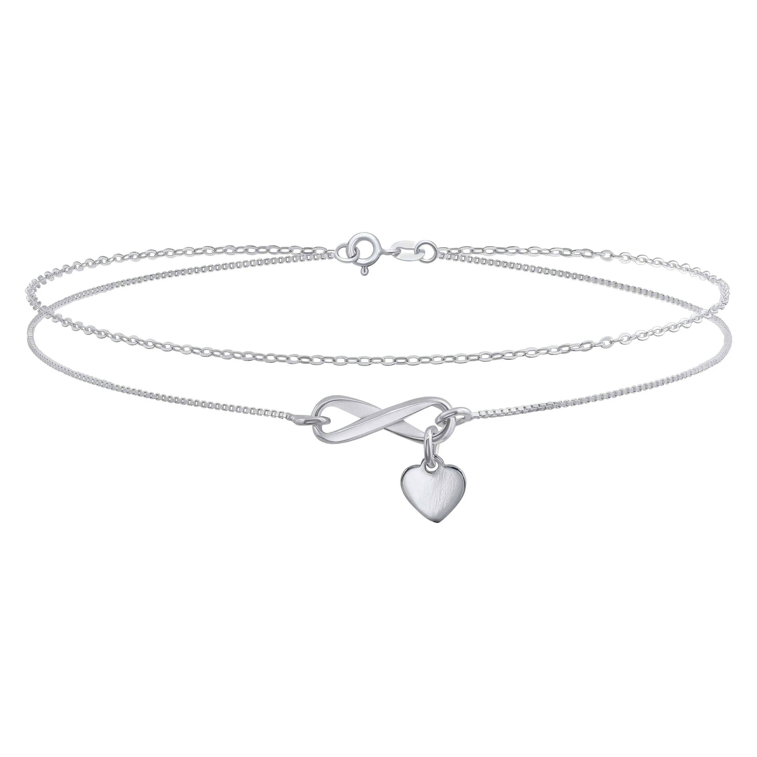 Romantic Love Knot Heart Layered Anklet Bracelet Double Chain Silver 9 Inch