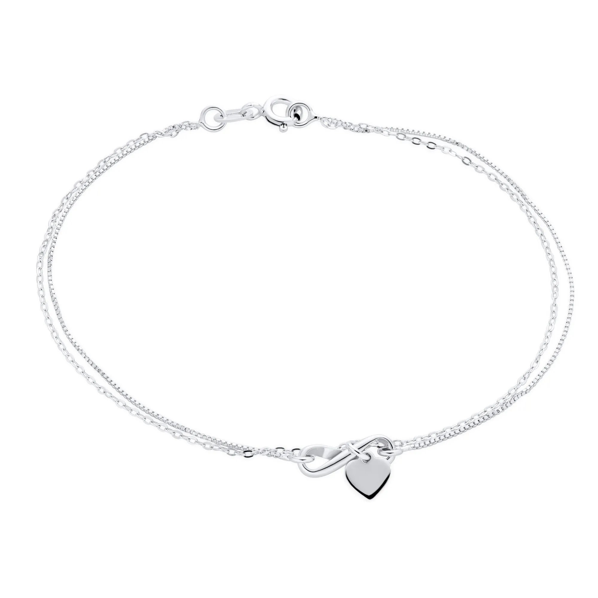 Romantic Love Knot Heart Layered Anklet Bracelet Double Chain Silver 9 Inch