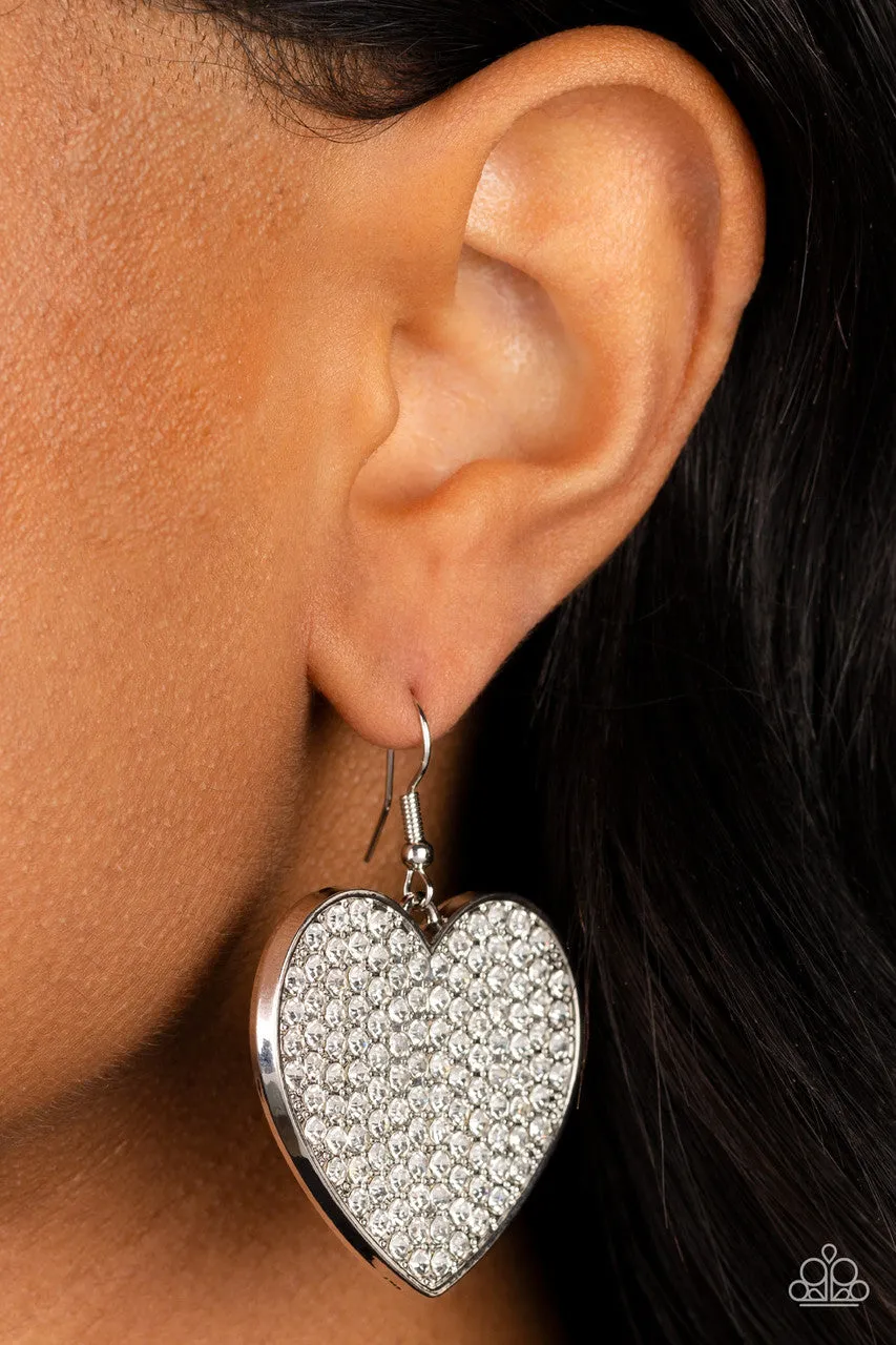 Romantic Reign - White - Rhinestone Encrusted Heart Paparazzi Fishhook Earrings