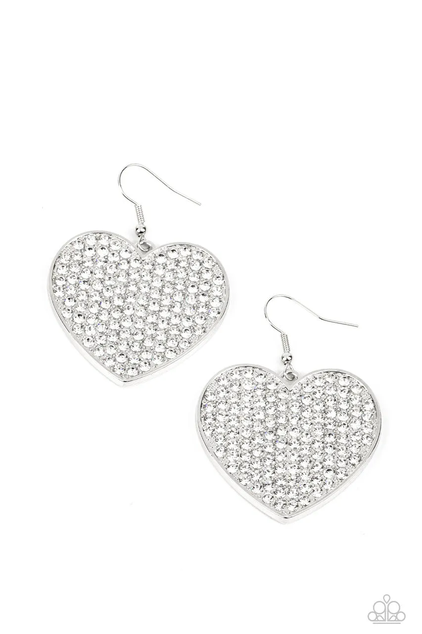 Romantic Reign - White - Rhinestone Encrusted Heart Paparazzi Fishhook Earrings