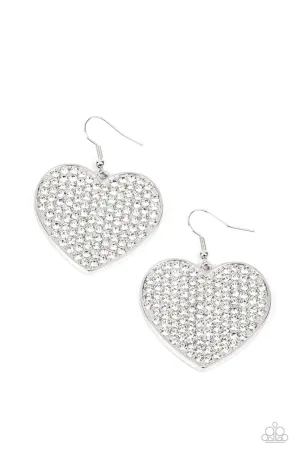 Romantic Reign - White - Rhinestone Encrusted Heart Paparazzi Fishhook Earrings