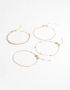 Rose Gold Diamante Twist Bracelet & Anklet 4-Pack Set
