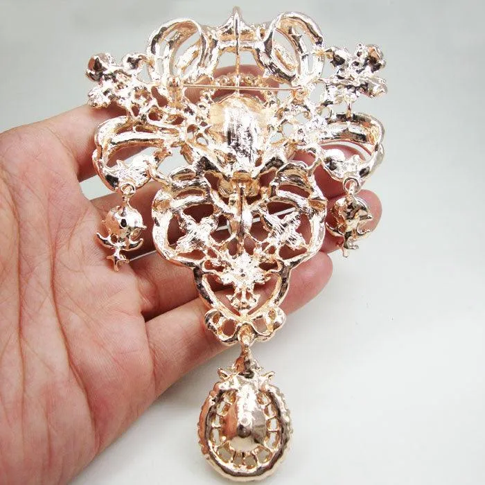 Rose Gold Tone Fashion Bride Brooch Pin Clear Rhinestone Crystal Flower Pendant