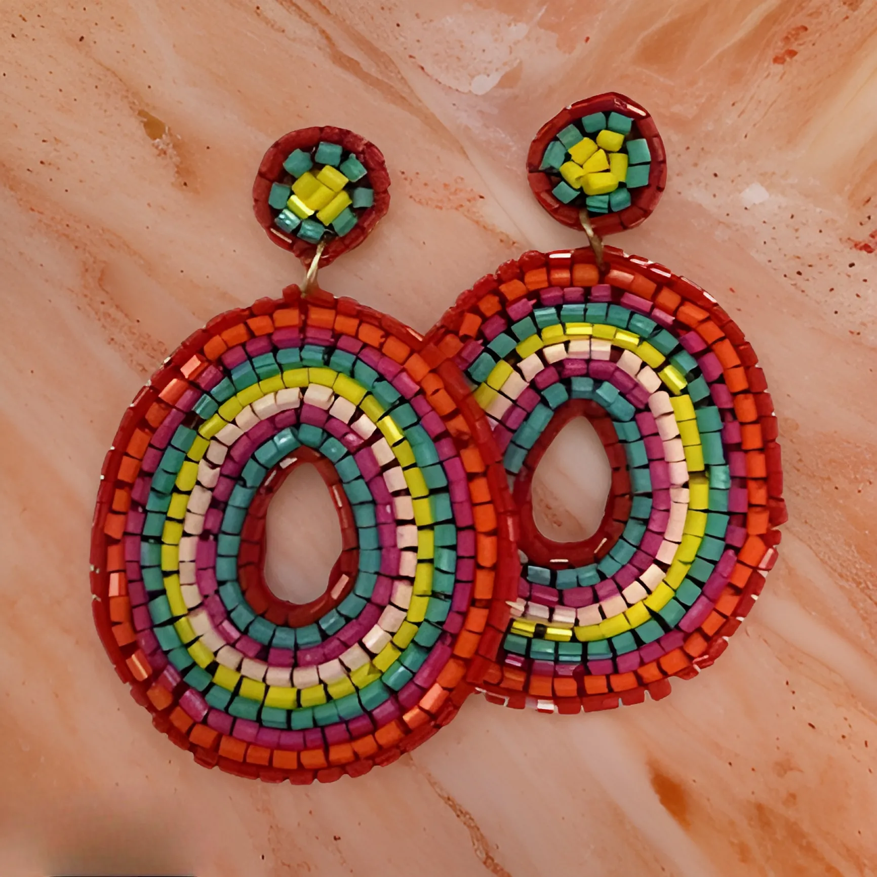 Round Beaded Flat Donut Seed Dangle Earrings