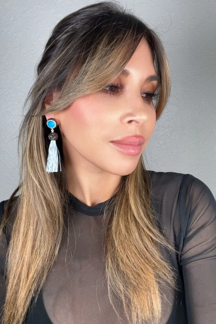 Round Gemstone Short 925 Sterling Silver Tassel Earring