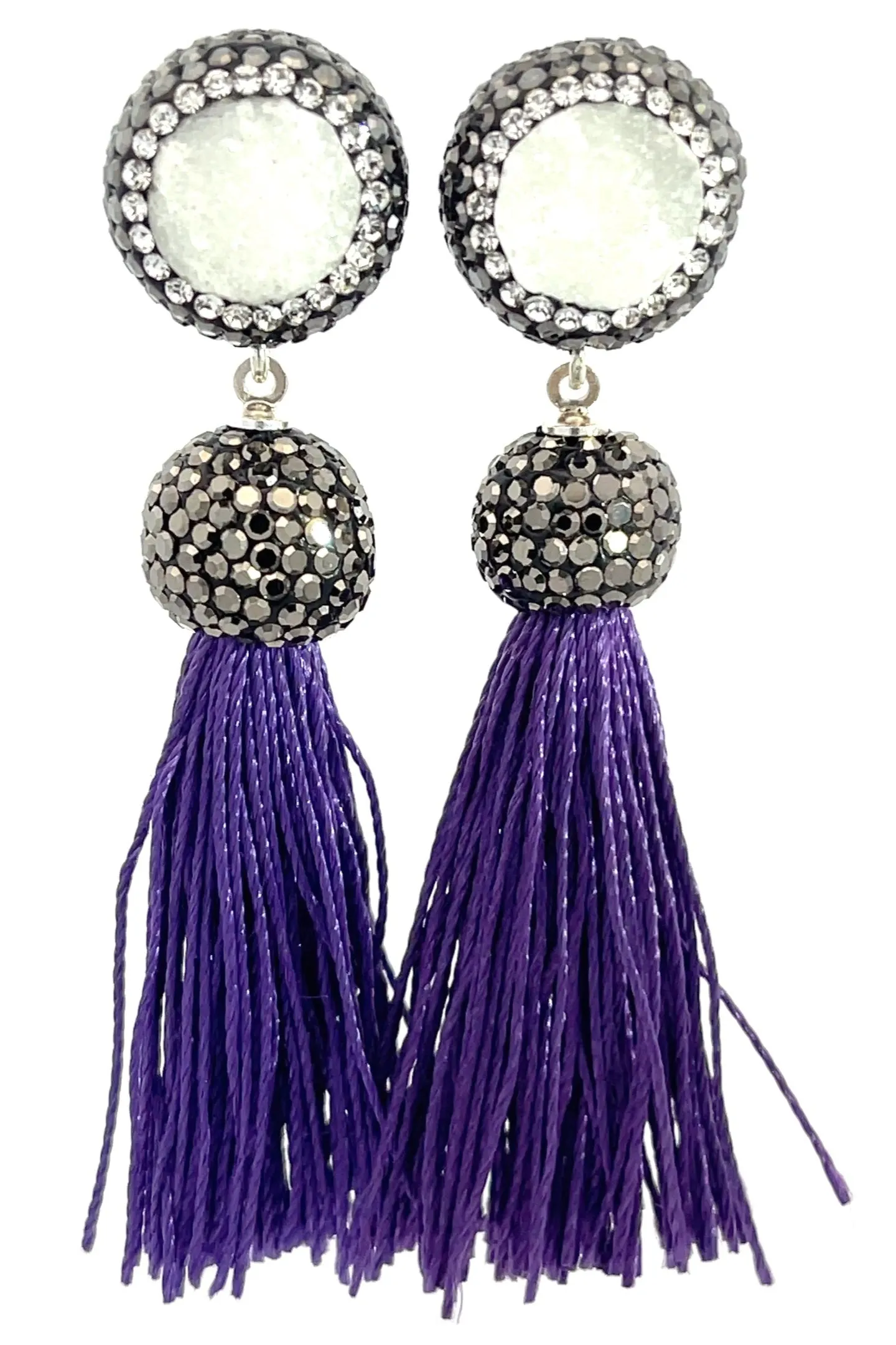Round Gemstone Short 925 Sterling Silver Tassel Earring