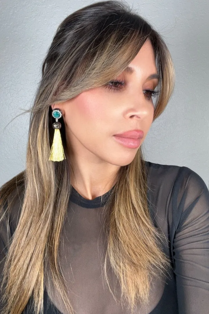 Round Gemstone Short 925 Sterling Silver Tassel Earring