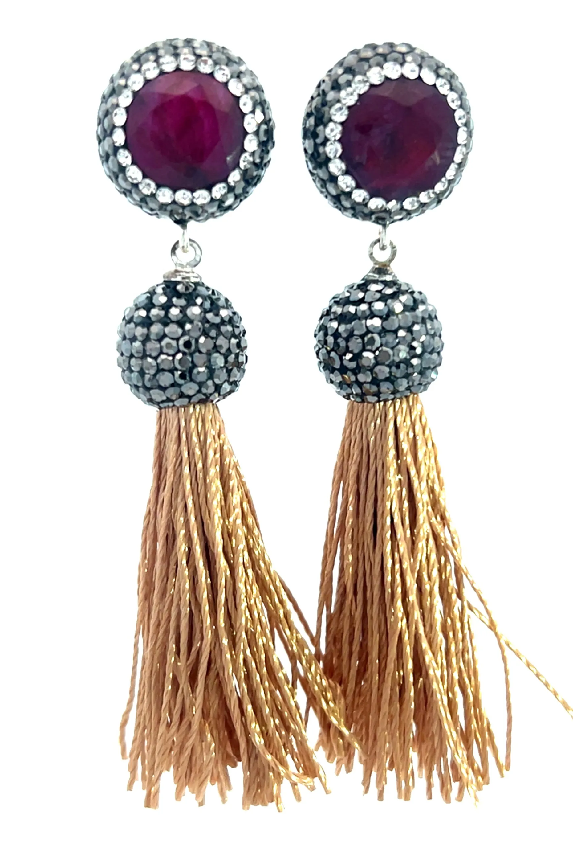 Round Gemstone Short 925 Sterling Silver Tassel Earring