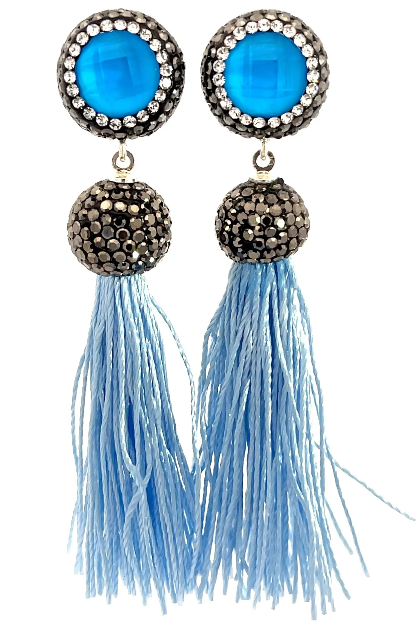 Round Gemstone Short 925 Sterling Silver Tassel Earring