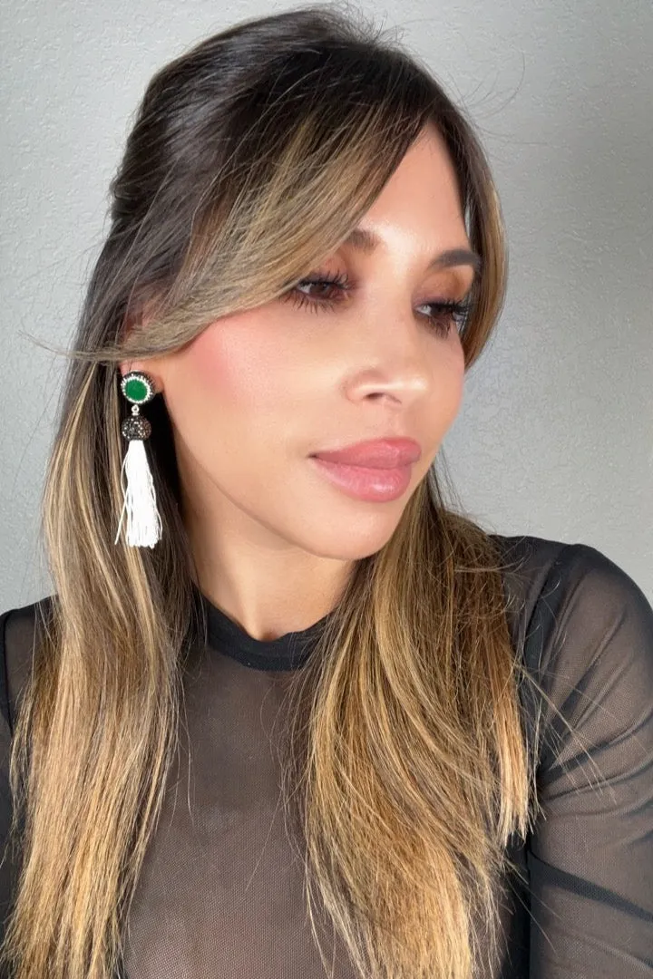 Round Gemstone Short 925 Sterling Silver Tassel Earring
