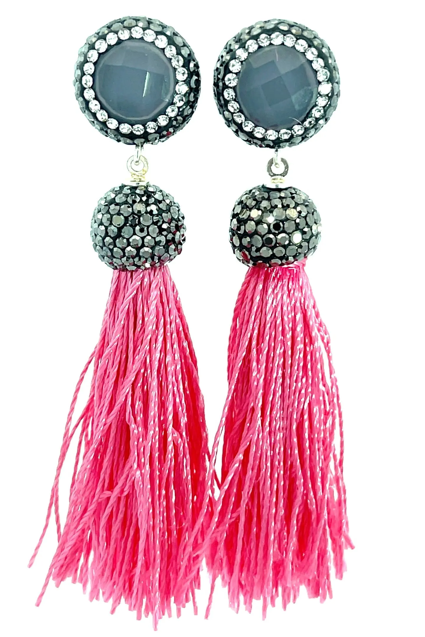 Round Gemstone Short 925 Sterling Silver Tassel Earring