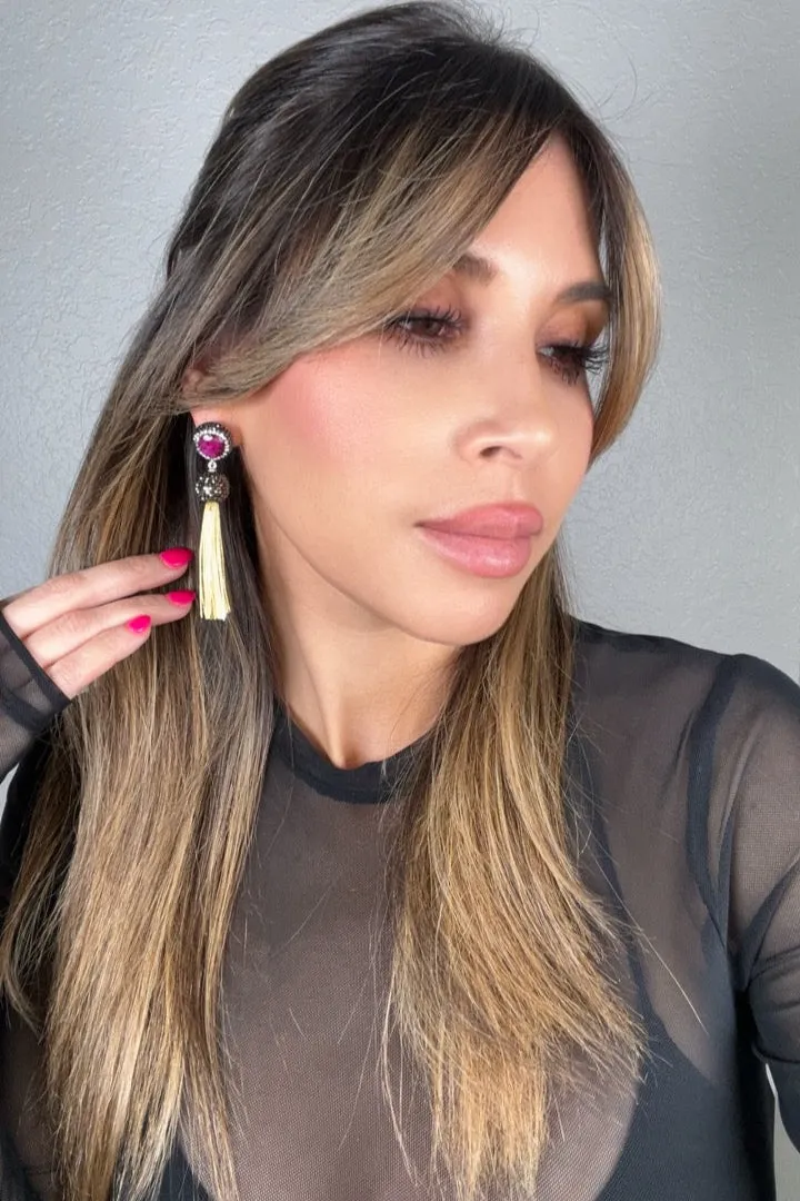 Round Gemstone Short 925 Sterling Silver Tassel Earring