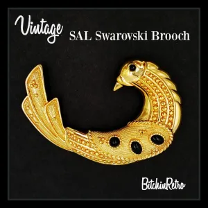 SAL Swarovski Crystal Bird Brooch with Art Deco Design and Cabochons