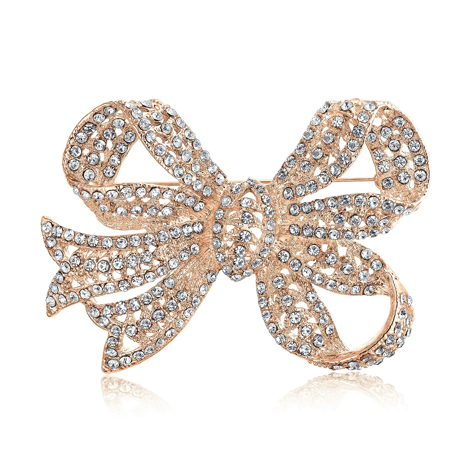 Set of 2 Victorian Style Crystal Filigree Ribbon Brooch Pin Rose Gold Plated