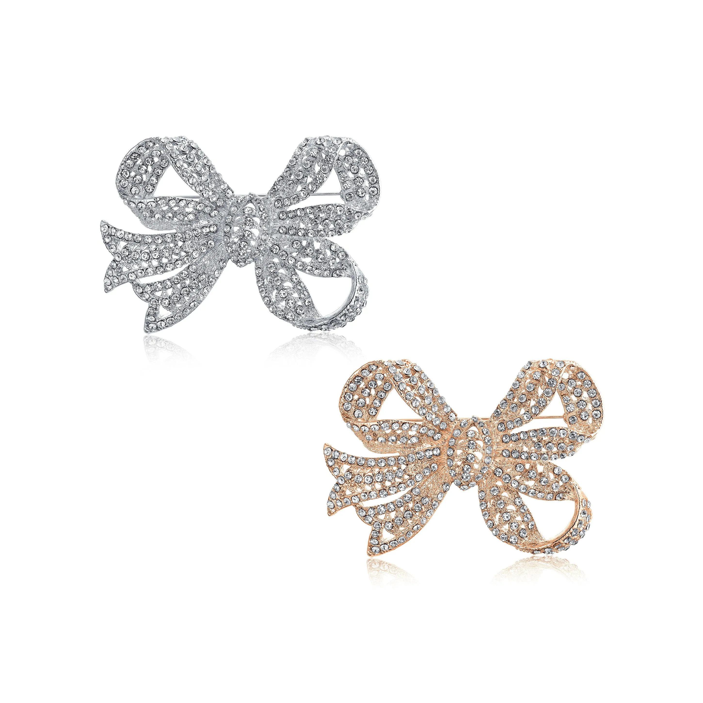 Set of 2 Victorian Style Crystal Filigree Ribbon Brooch Pin Rose Gold Plated