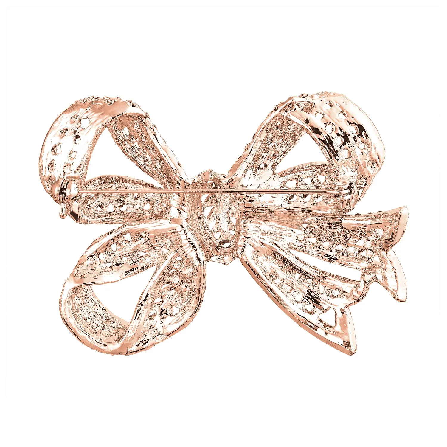 Set of 2 Victorian Style Crystal Filigree Ribbon Brooch Pin Rose Gold Plated