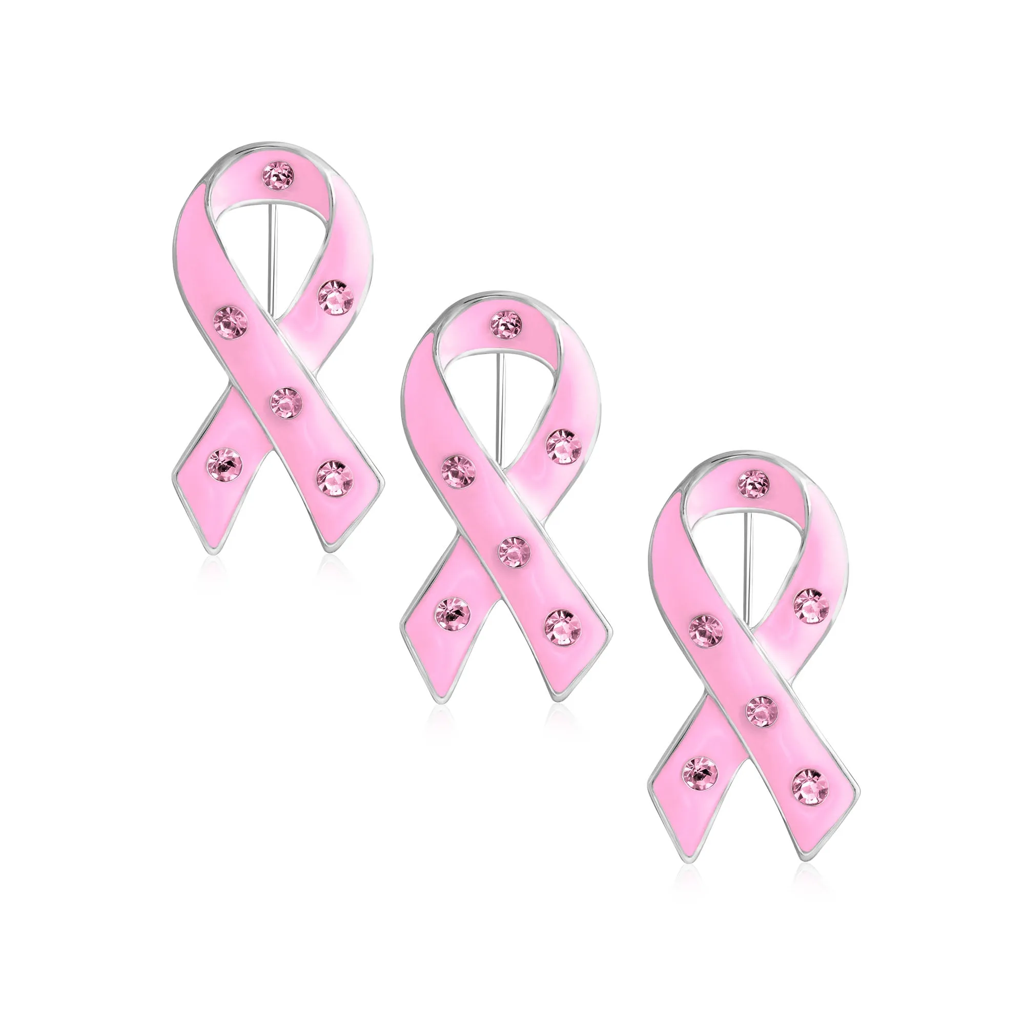 Set of 3 Crystal Enamel Pink Ribbon Breast Cancer Survivor Brooch Pin Silver
