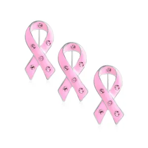 Set of 3 Crystal Enamel Pink Ribbon Breast Cancer Survivor Brooch Pin Silver