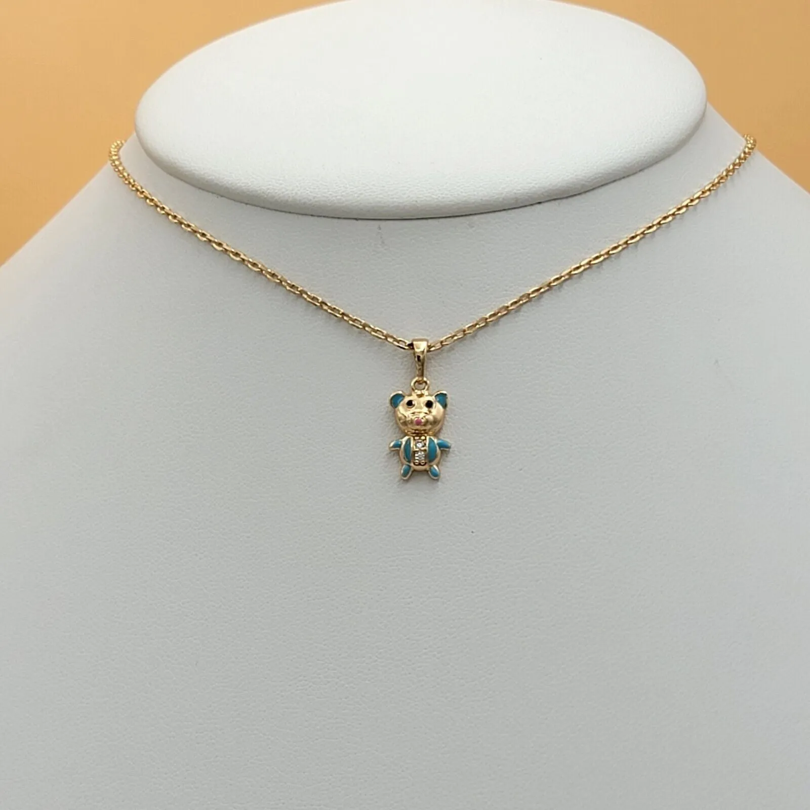 Sets - 18K Gold Plated. Blue Bear Teddy Necklace - Earrings - Ring Set. For Kids. Girls