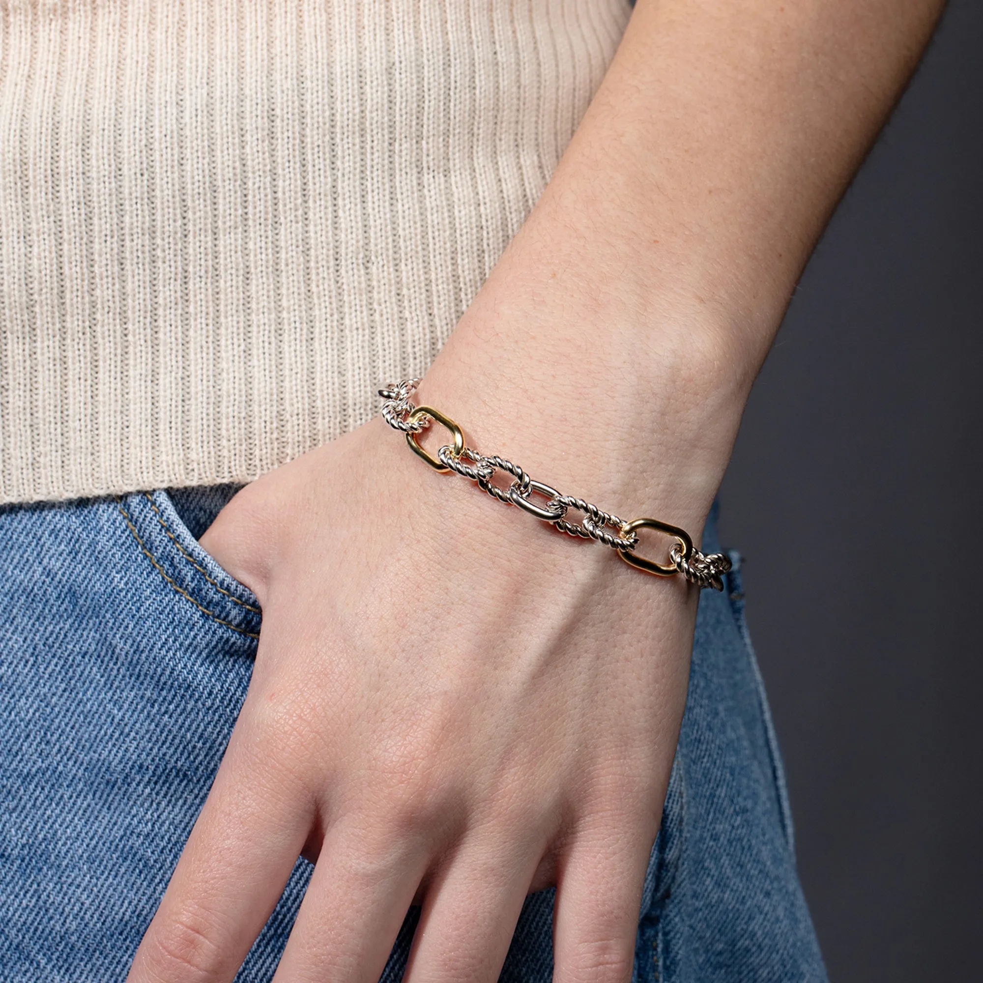 Silver & 18K Gold Paperclip Link Italian Cable Bracelet