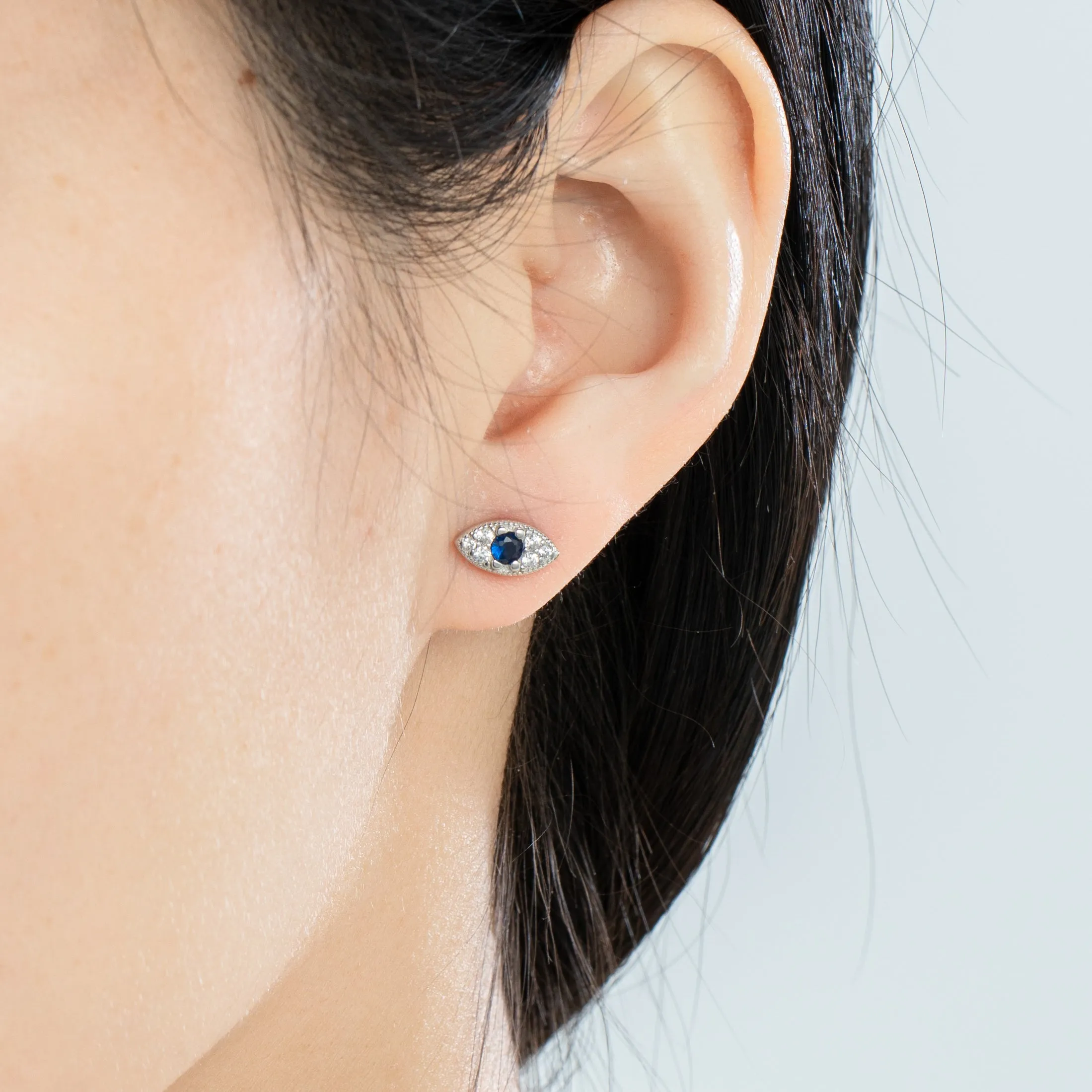 Silver Dainty Evil Eye Crystal Pave Stud Earrings